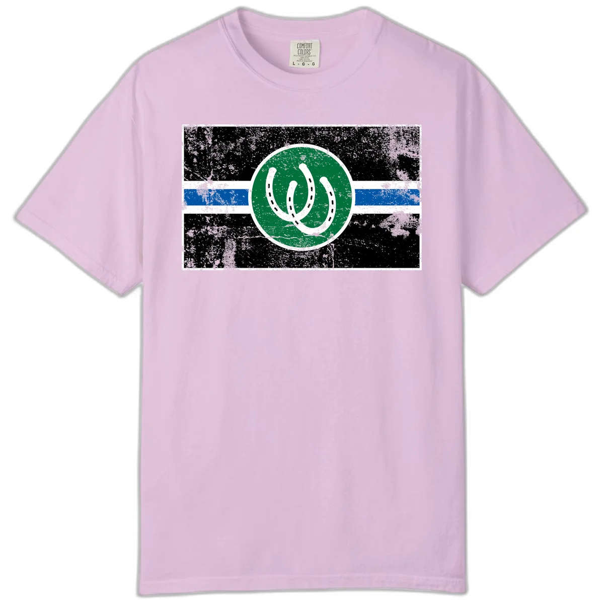 Lucky horseshoe stripes badge design with two white horseshoes on green circle and horizontal black, white, blue striped background with distressed texture in Orchid