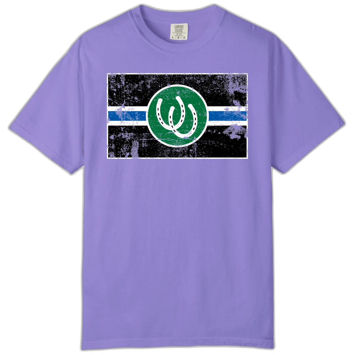 Lucky horseshoe stripes badge design with two white horseshoes on green circle and horizontal black, white, blue striped background with distressed texture in Violet