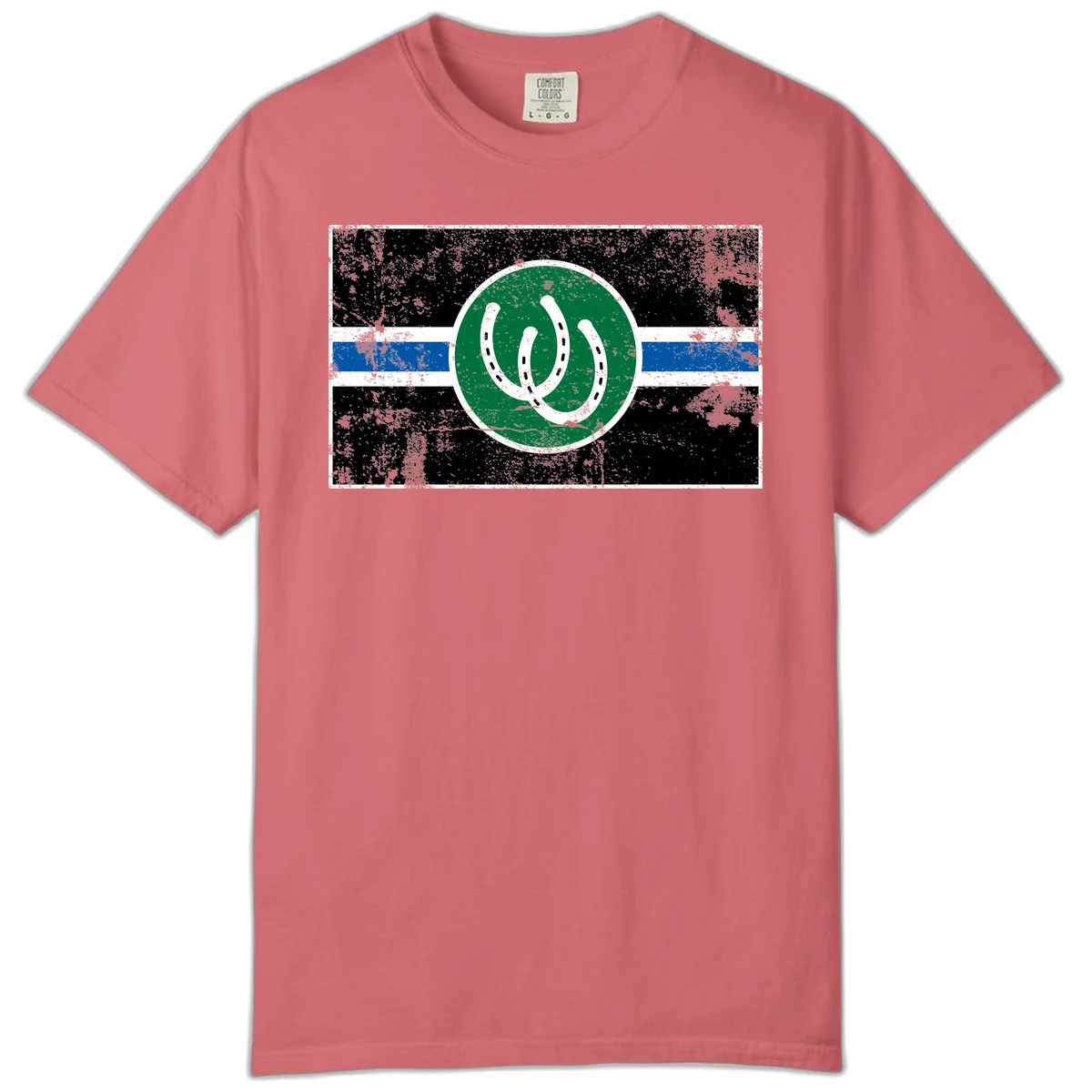 Lucky horseshoe stripes badge design with two white horseshoes on green circle and horizontal black, white, blue striped background with distressed texture in Watermelon