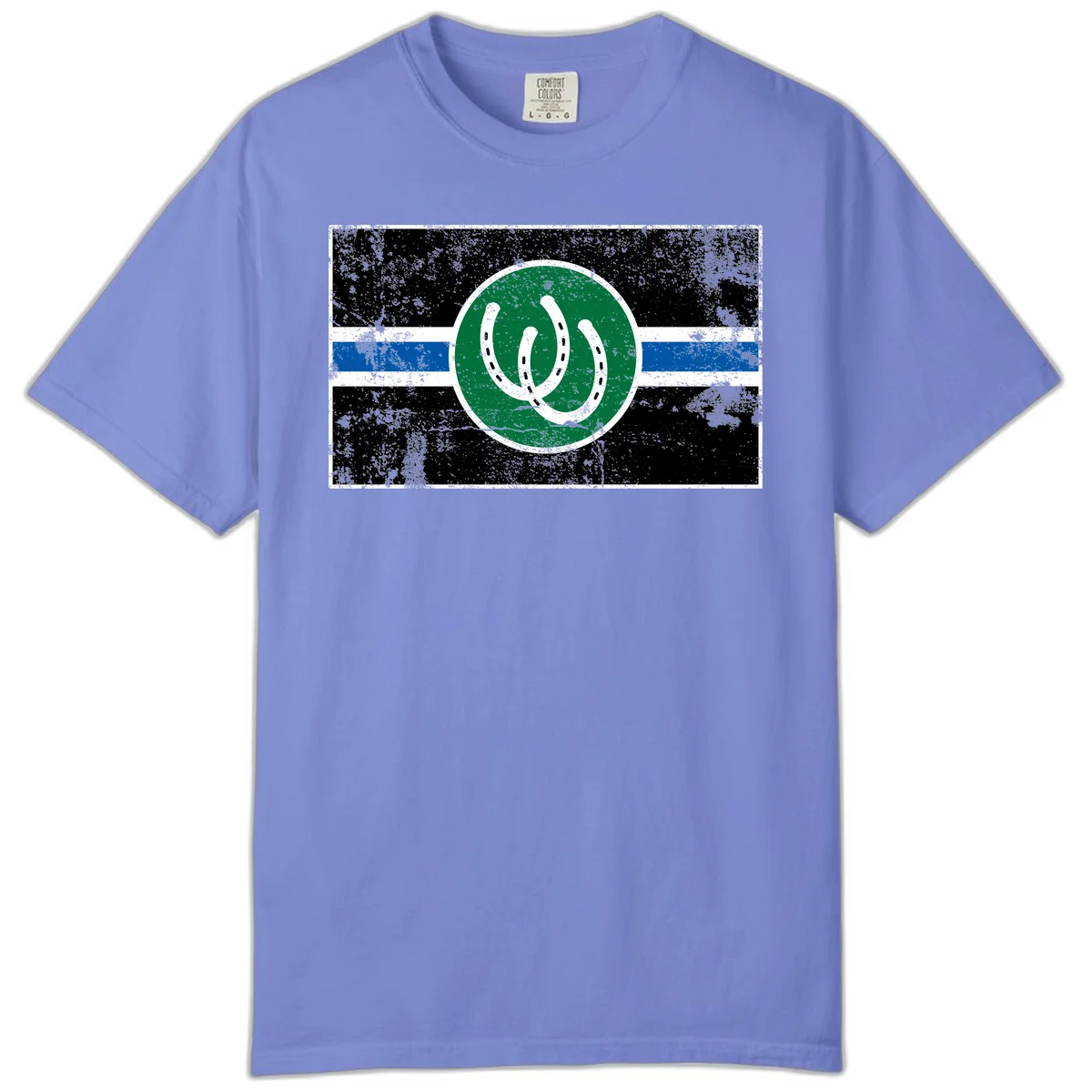 Lucky horseshoe stripes badge design with two white horseshoes on green circle and horizontal black, white, blue striped background with distressed texture in Flo Blue