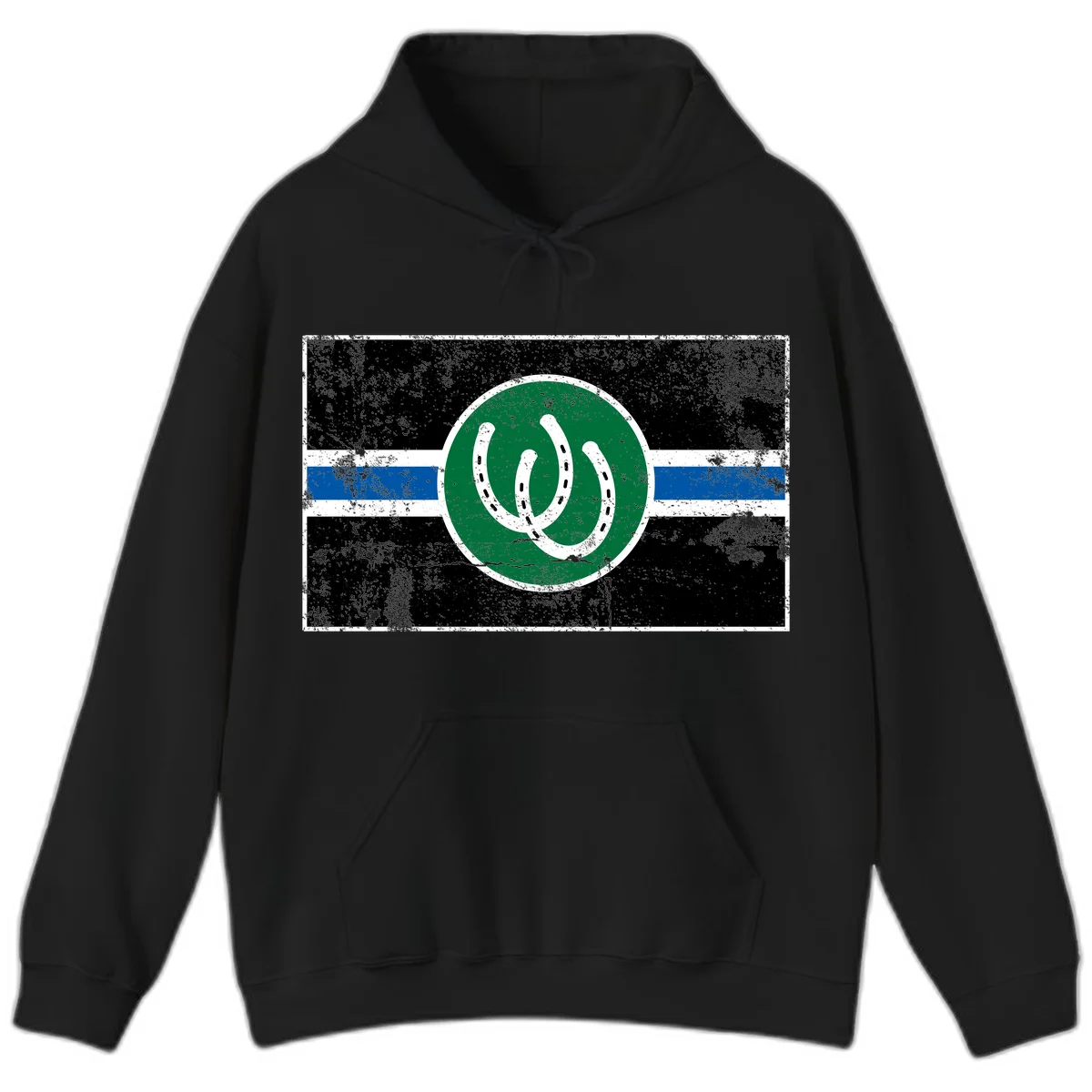 Lucky horseshoe stripes badge design with two white horseshoes on green circle and horizontal black, white, blue striped background with distressed texture in Black