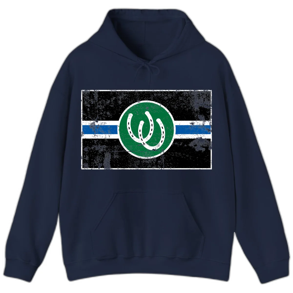 Lucky horseshoe stripes badge design with two white horseshoes on green circle and horizontal black, white, blue striped background with distressed texture in Navy