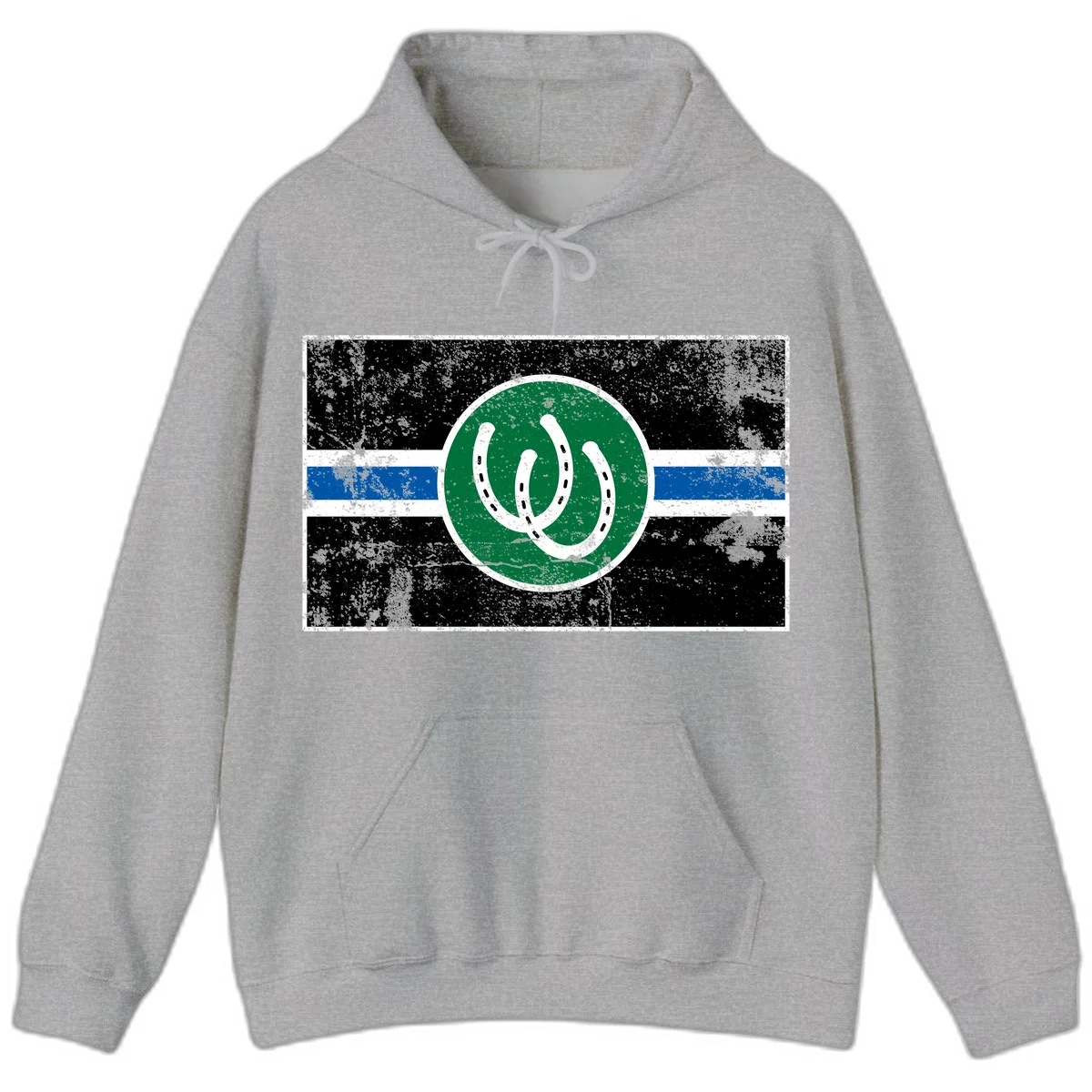 Lucky horseshoe stripes badge design with two white horseshoes on green circle and horizontal black, white, blue striped background with distressed texture in Sport Grey