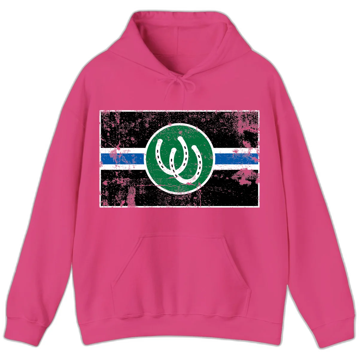 Lucky horseshoe stripes badge design with two white horseshoes on green circle and horizontal black, white, blue striped background with distressed texture in Heliconia