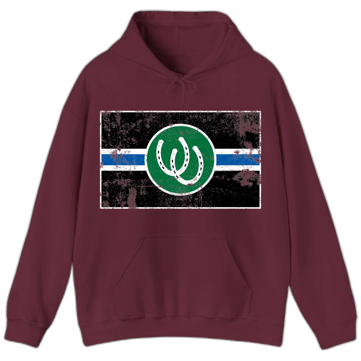 Lucky horseshoe stripes badge design with two white horseshoes on green circle and horizontal black, white, blue striped background with distressed texture in Maroon