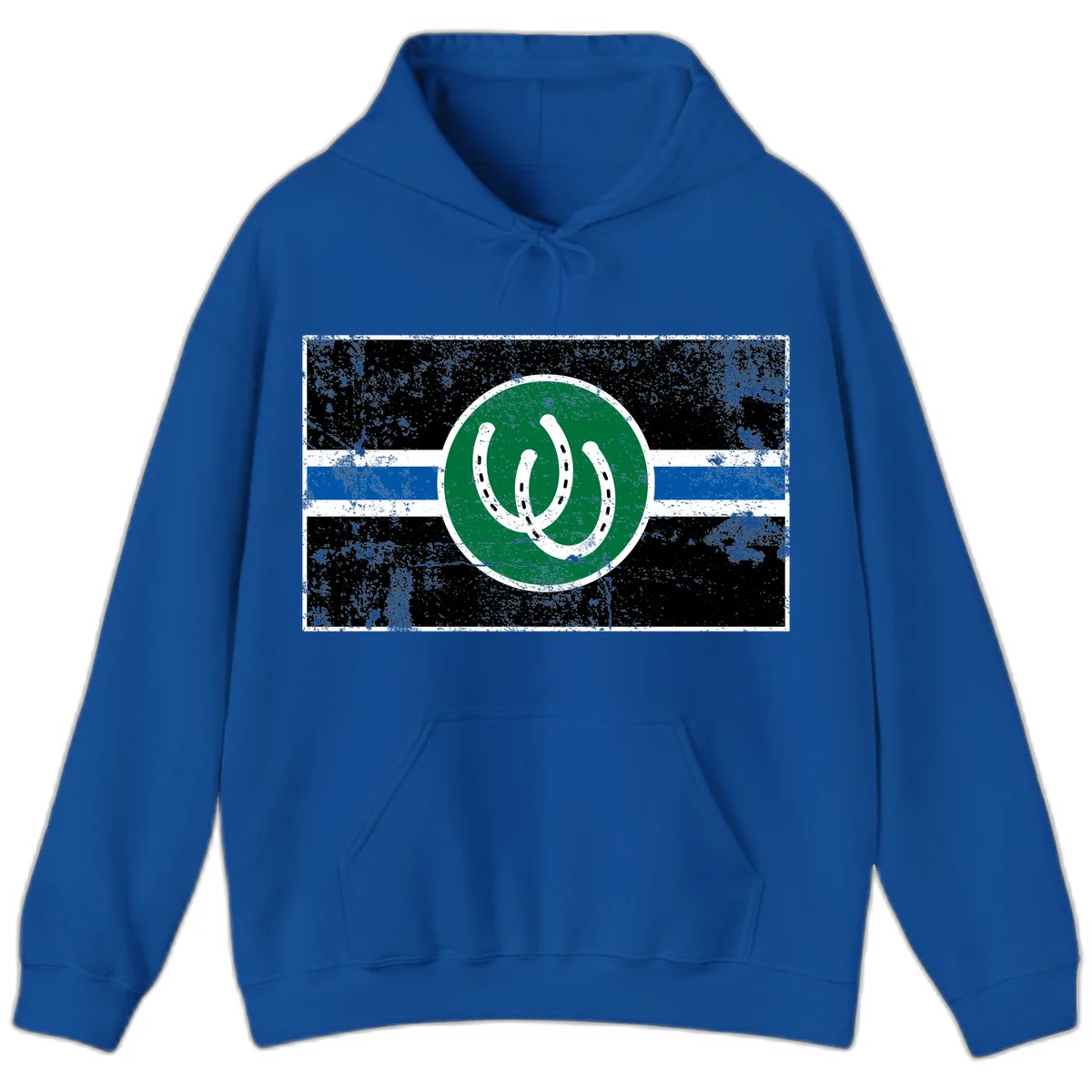 Lucky horseshoe stripes badge design with two white horseshoes on green circle and horizontal black, white, blue striped background with distressed texture in Royal