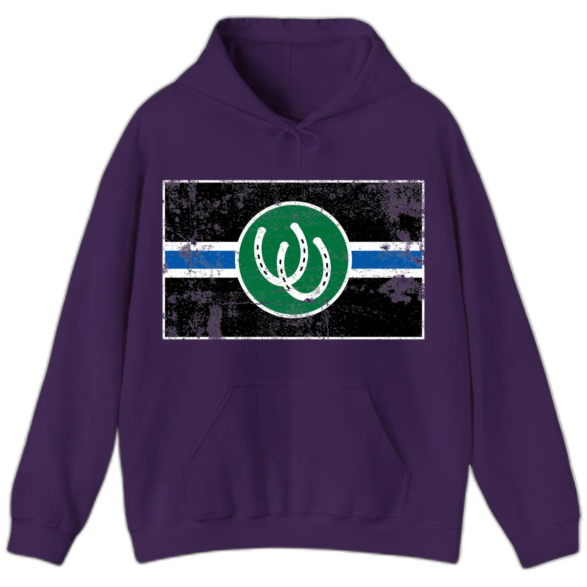 Lucky horseshoe stripes badge design with two white horseshoes on green circle and horizontal black, white, blue striped background with distressed texture in Purple