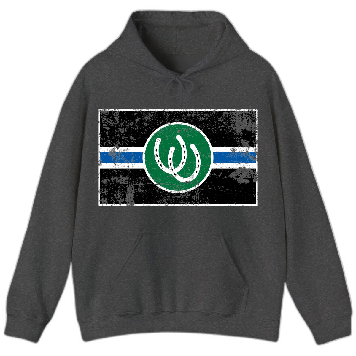 Lucky horseshoe stripes badge design with two white horseshoes on green circle and horizontal black, white, blue striped background with distressed texture in Dark Heather