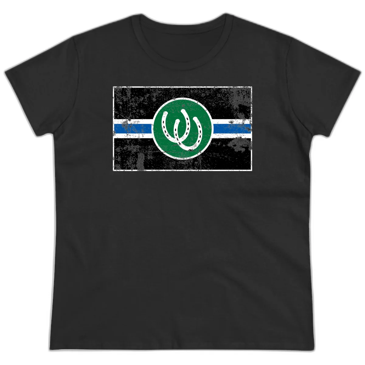 Lucky horseshoe stripes badge design with two white horseshoes on green circle and horizontal black, white, blue striped background with distressed texture in Black