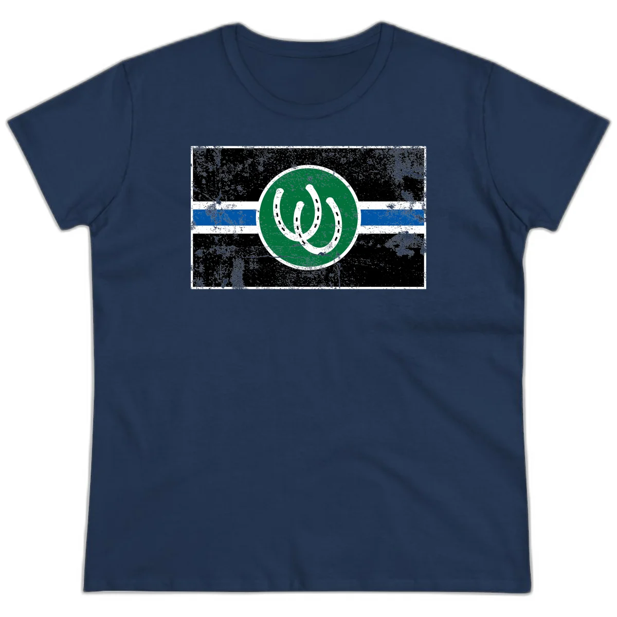 Lucky horseshoe stripes badge design with two white horseshoes on green circle and horizontal black, white, blue striped background with distressed texture in Navy