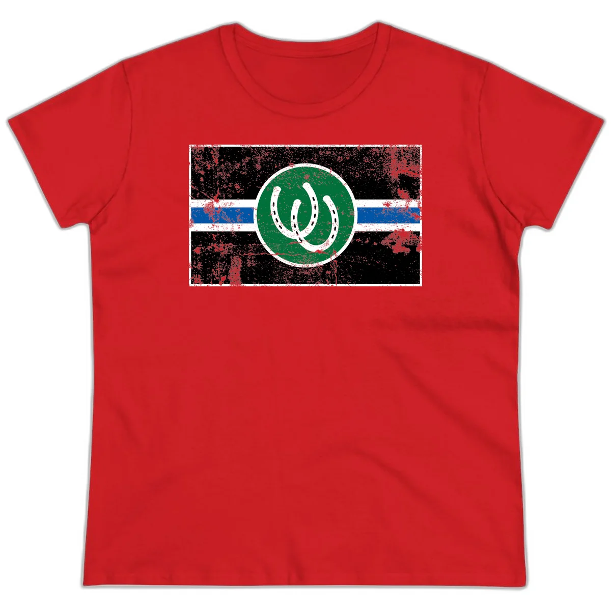 Lucky horseshoe stripes badge design with two white horseshoes on green circle and horizontal black, white, blue striped background with distressed texture in Red