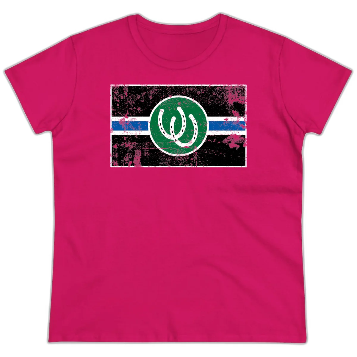 Lucky horseshoe stripes badge design with two white horseshoes on green circle and horizontal black, white, blue striped background with distressed texture in Heliconia