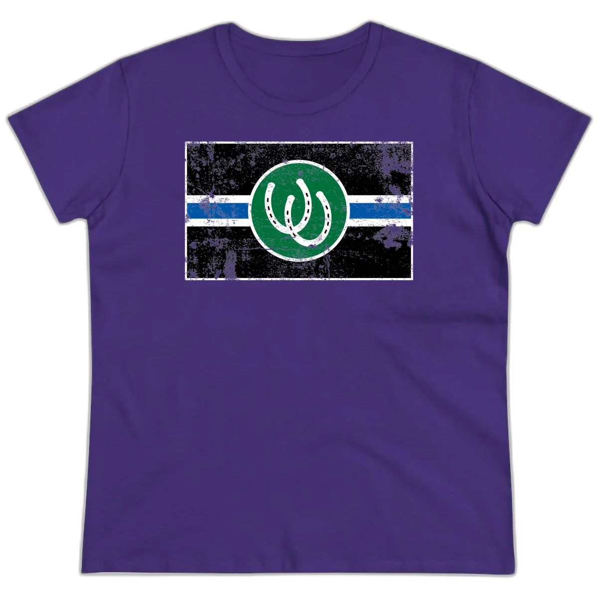 Lucky horseshoe stripes badge design with two white horseshoes on green circle and horizontal black, white, blue striped background with distressed texture in Purple