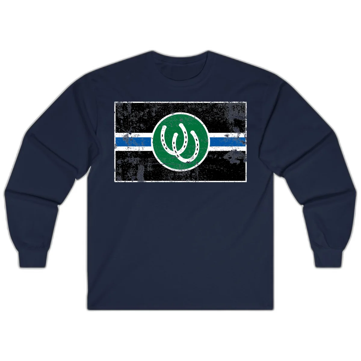 Lucky horseshoe stripes badge design with two white horseshoes on green circle and horizontal black, white, blue striped background with distressed texture in Navy