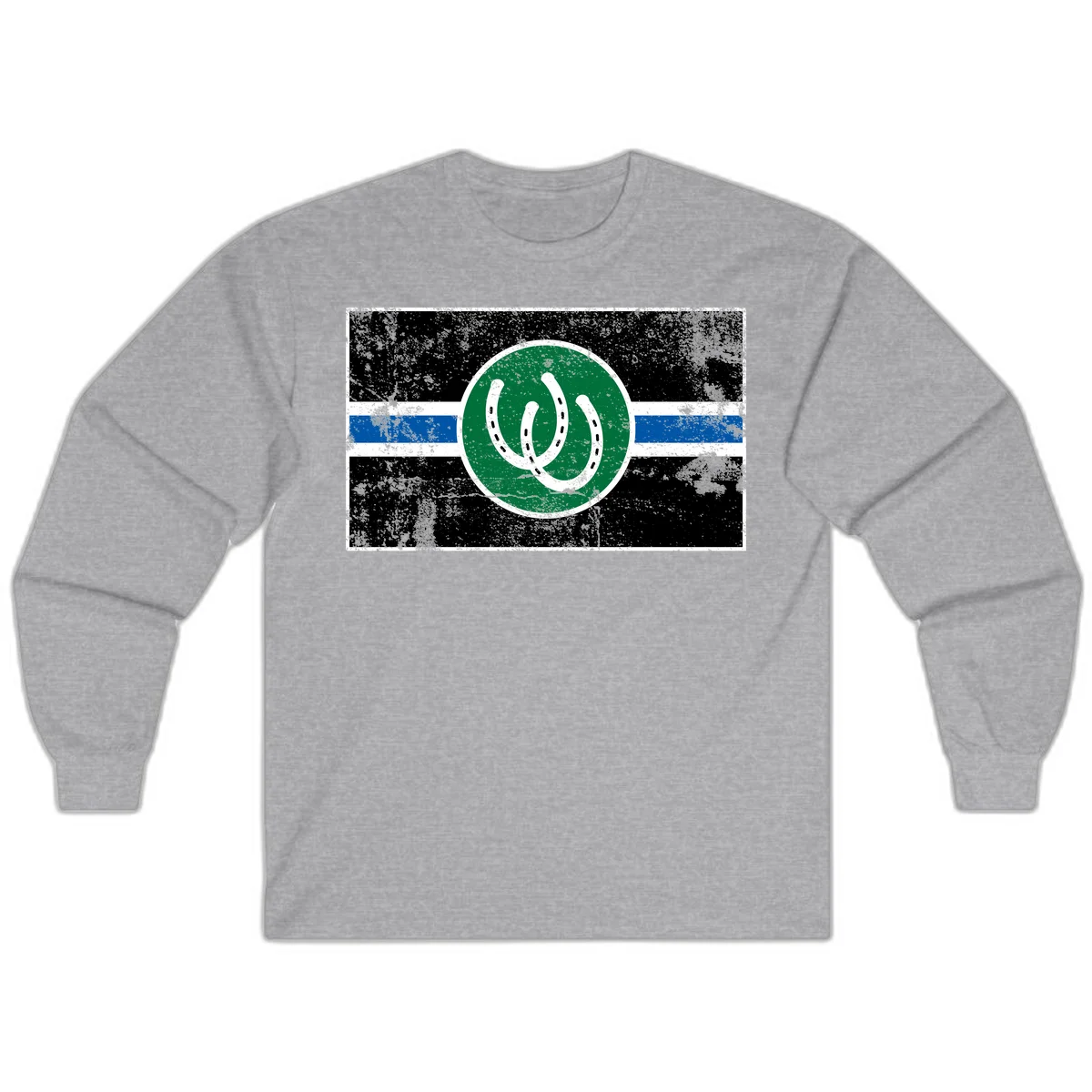 Lucky horseshoe stripes badge design with two white horseshoes on green circle and horizontal black, white, blue striped background with distressed texture in Sport Grey