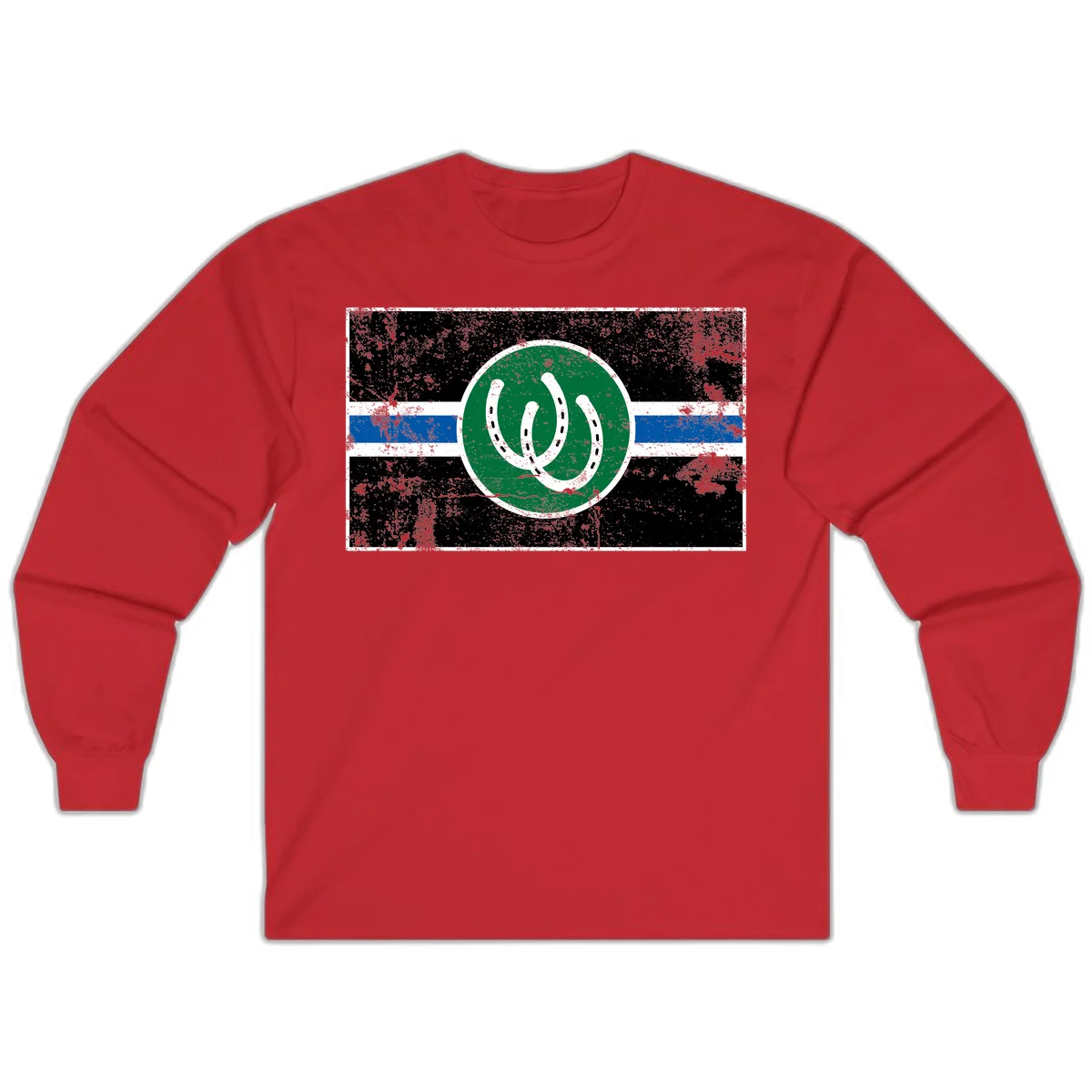 Lucky horseshoe stripes badge design with two white horseshoes on green circle and horizontal black, white, blue striped background with distressed texture in Red