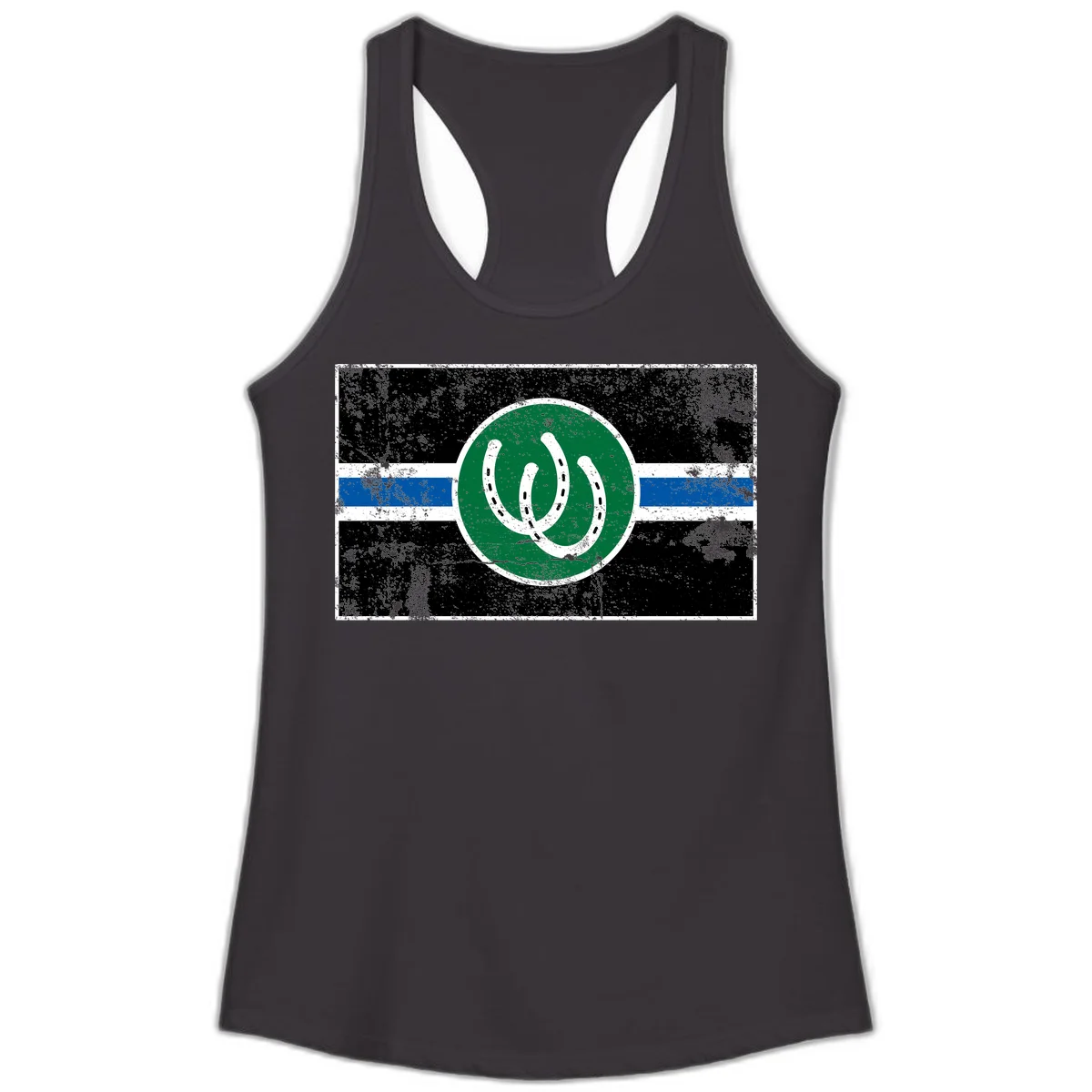 Lucky horseshoe stripes badge design with two white horseshoes on green circle and horizontal black, white, blue striped background with distressed texture in Black