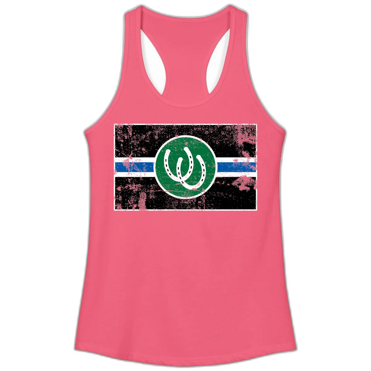 Lucky horseshoe stripes badge design with two white horseshoes on green circle and horizontal black, white, blue striped background with distressed texture in Hot Pink
