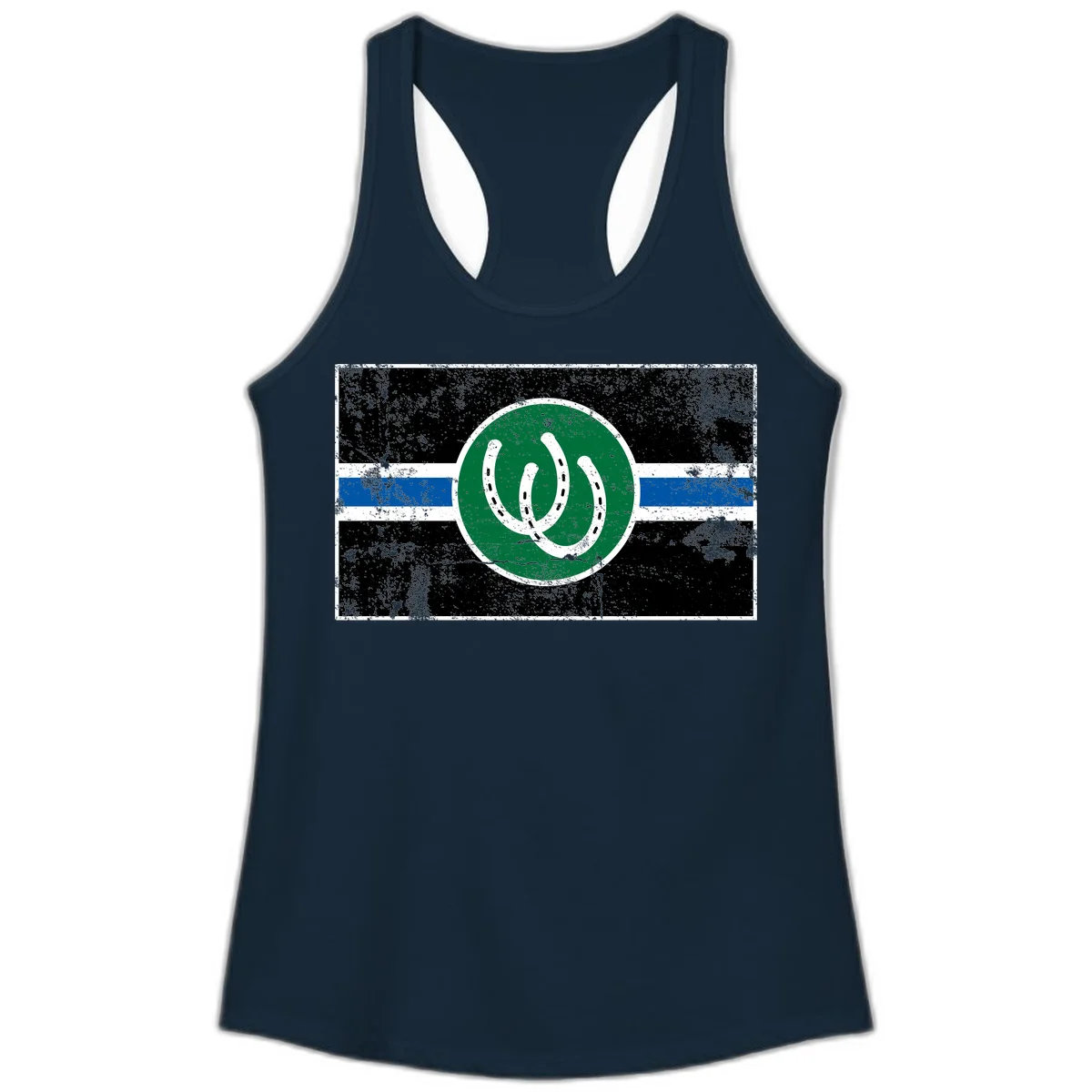 Lucky horseshoe stripes badge design with two white horseshoes on green circle and horizontal black, white, blue striped background with distressed texture in Solid Midnight Navy