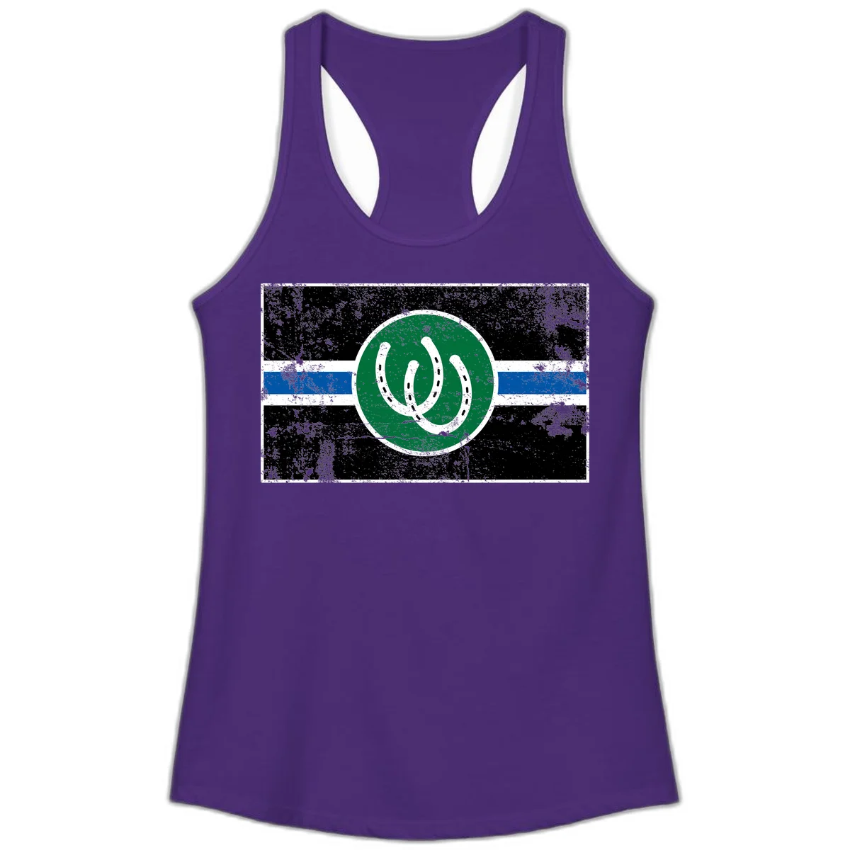 Lucky horseshoe stripes badge design with two white horseshoes on green circle and horizontal black, white, blue striped background with distressed texture in Solid Purple Rush