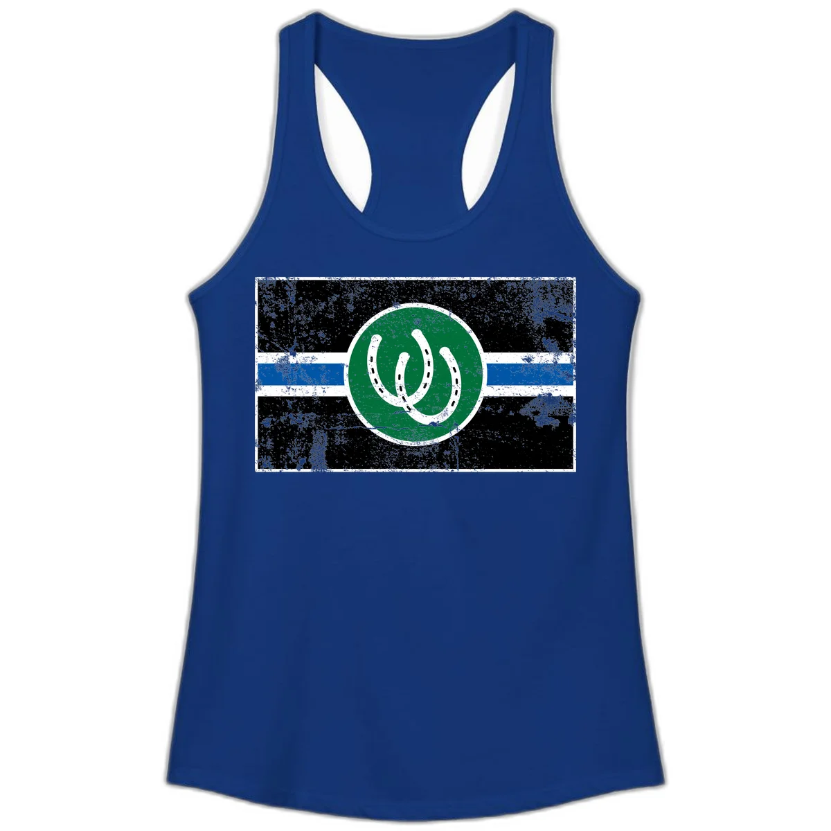 Lucky horseshoe stripes badge design with two white horseshoes on green circle and horizontal black, white, blue striped background with distressed texture in Solid Royal