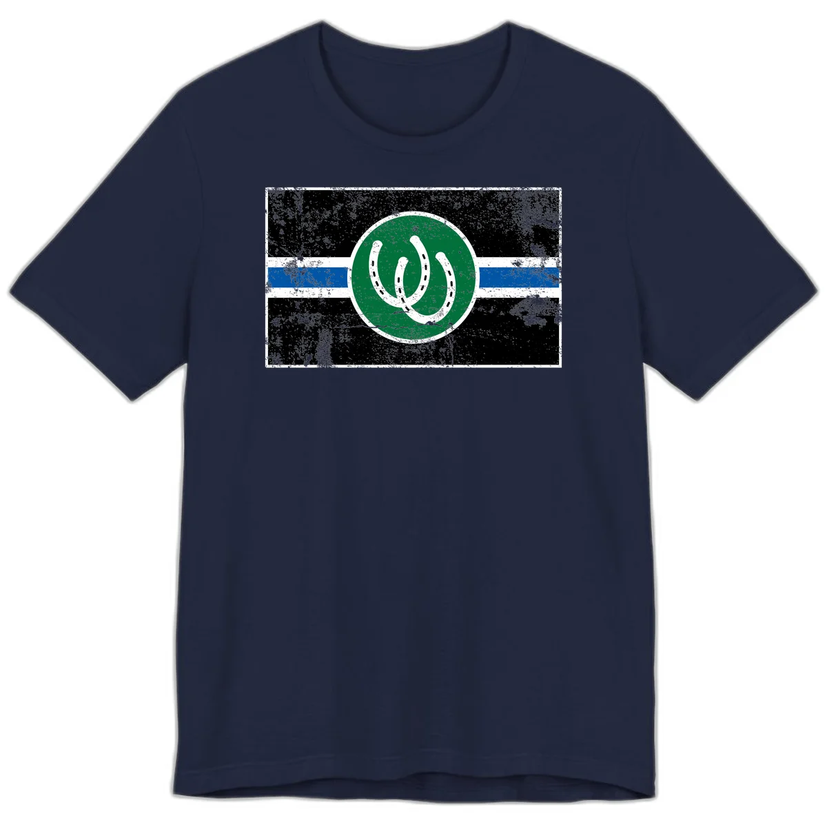 Lucky horseshoe stripes badge design with two white horseshoes on green circle and horizontal black, white, blue striped background with distressed texture in Navy
