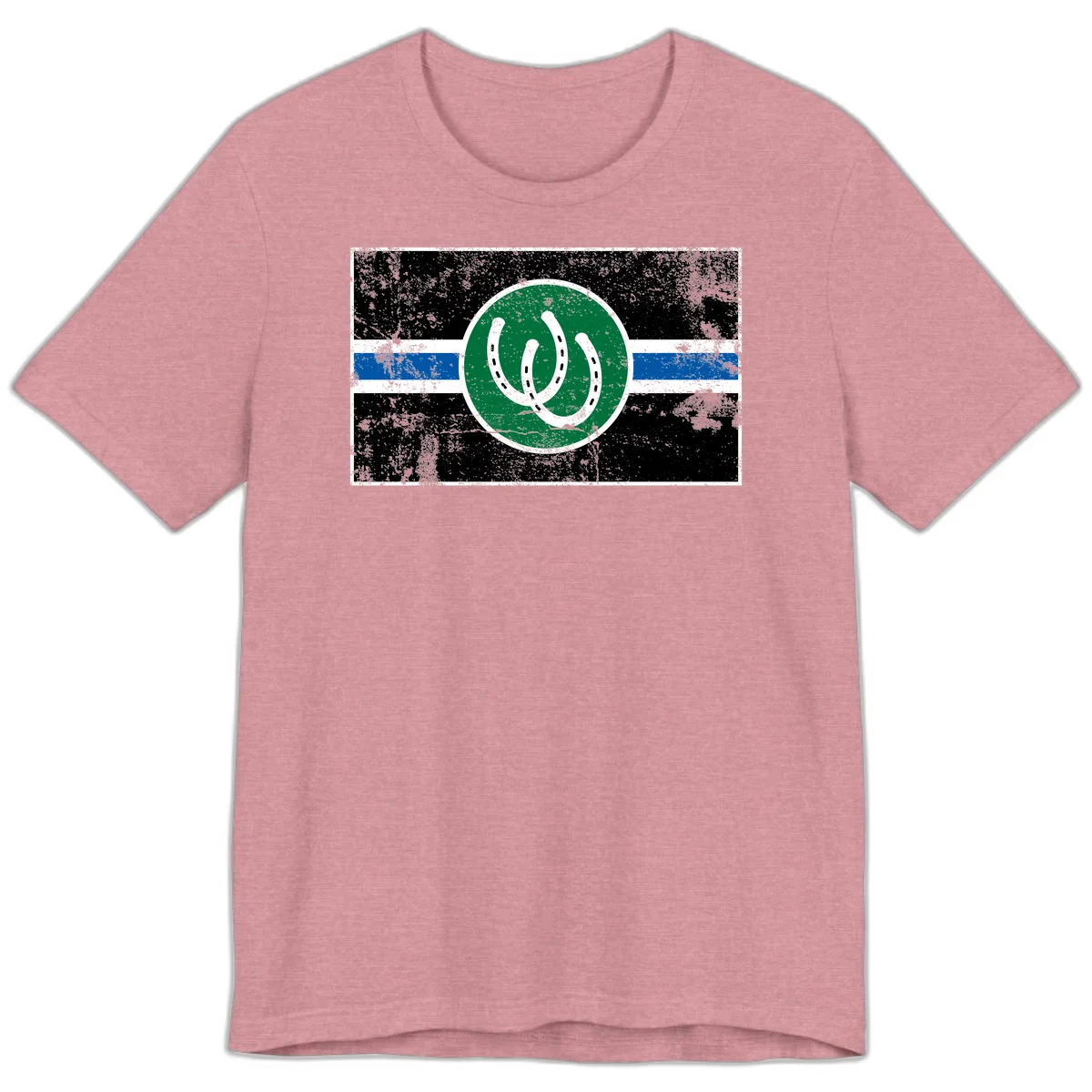 Lucky horseshoe stripes badge design with two white horseshoes on green circle and horizontal black, white, blue striped background with distressed texture in Heather Orchid