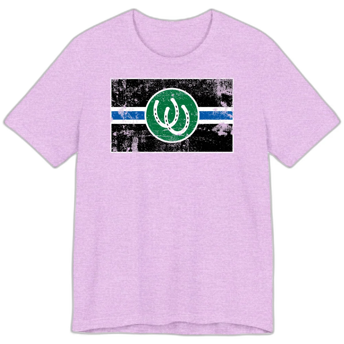 Lucky horseshoe stripes badge design with two white horseshoes on green circle and horizontal black, white, blue striped background with distressed texture in Heather Prism Lilac