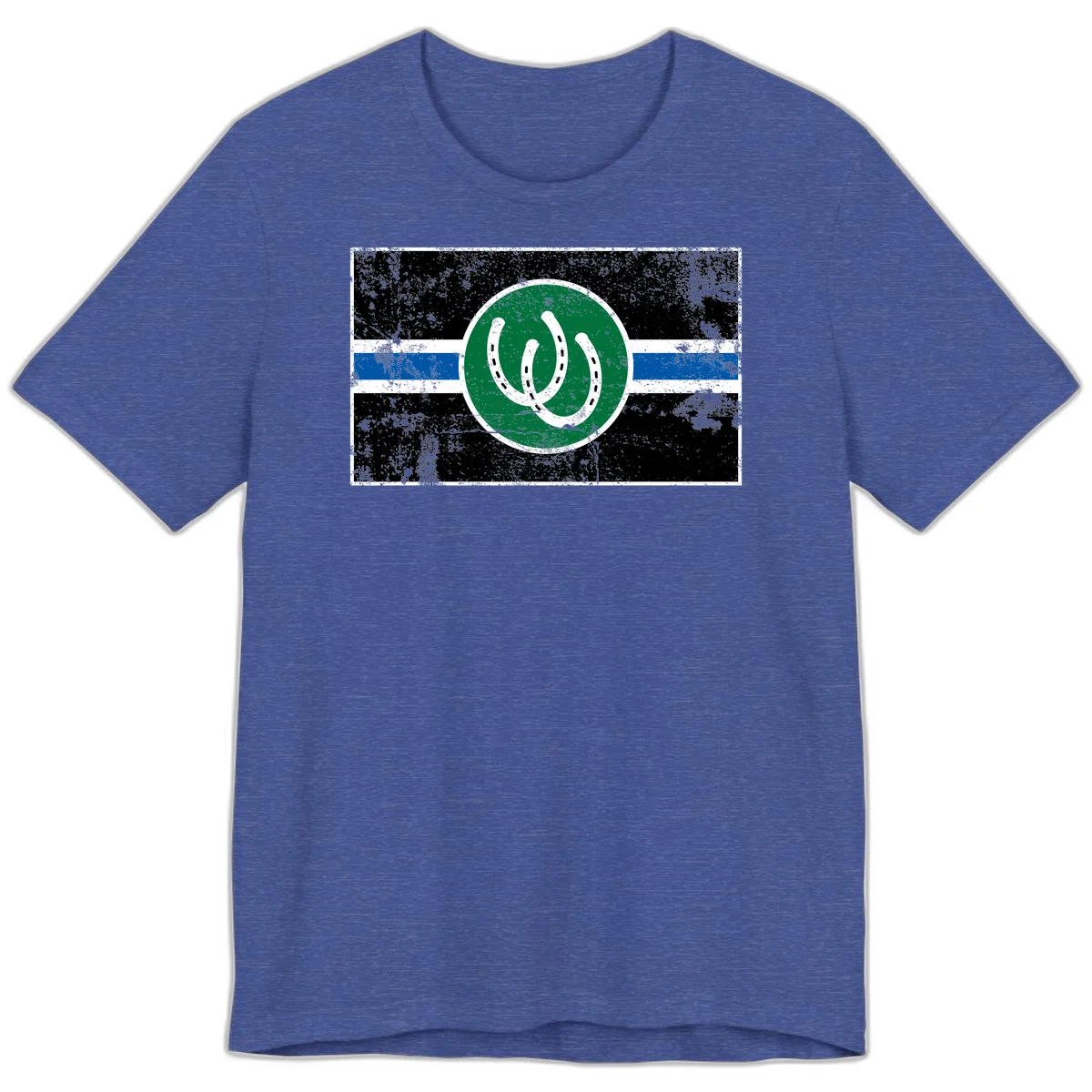 Lucky horseshoe stripes badge design with two white horseshoes on green circle and horizontal black, white, blue striped background with distressed texture in Heather True Royal