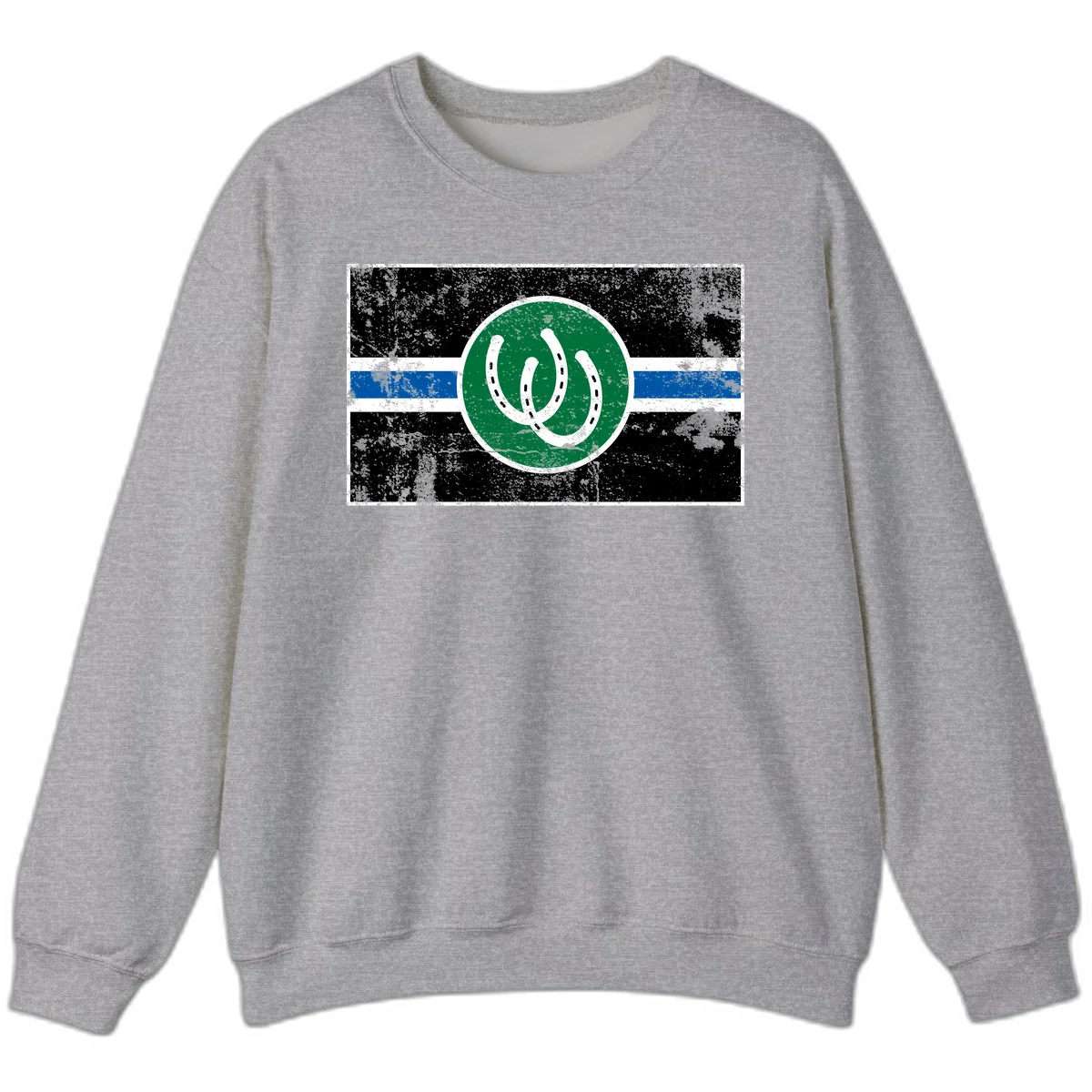 Lucky horseshoe stripes badge design with two white horseshoes on green circle and horizontal black, white, blue striped background with distressed texture in Sport Grey