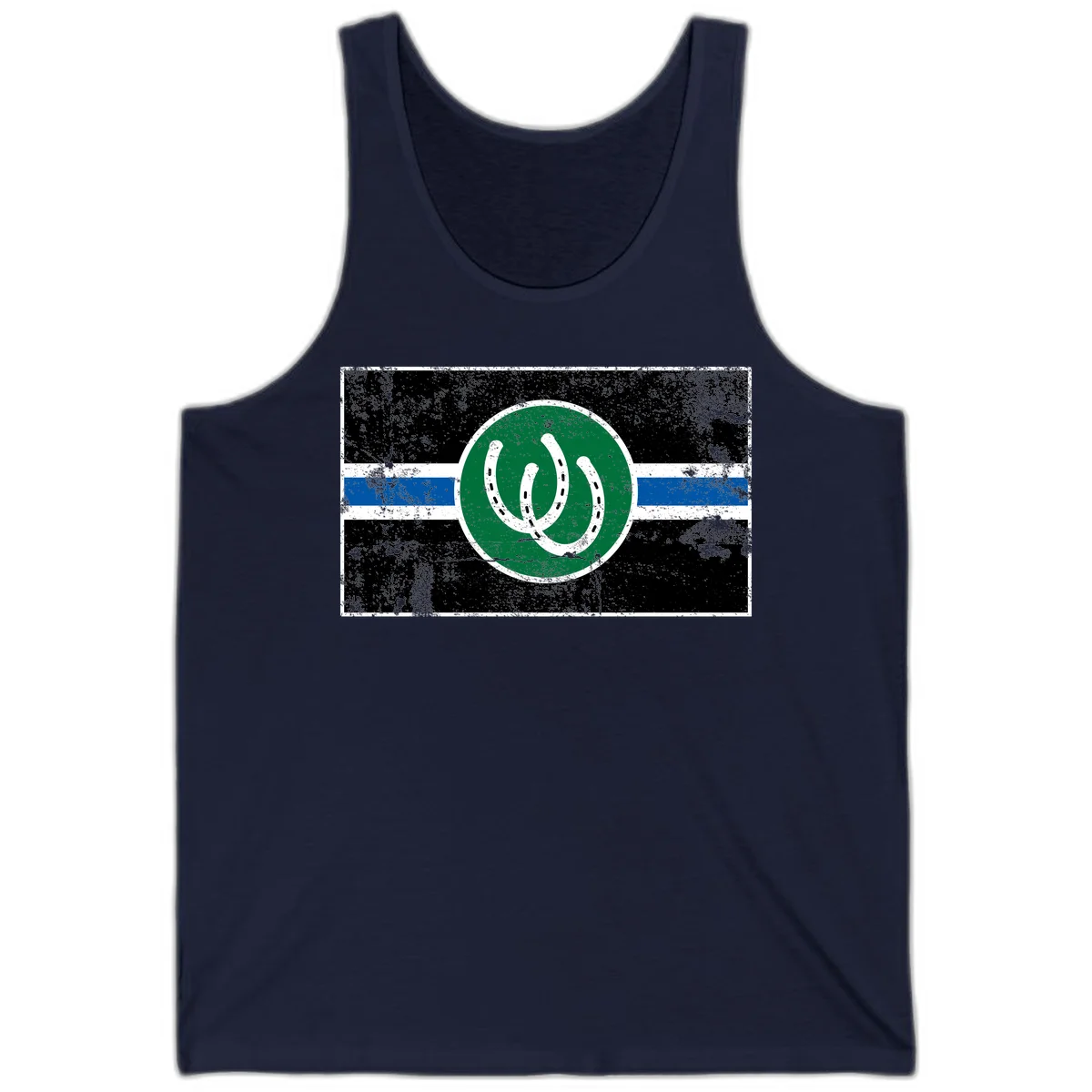 Lucky horseshoe stripes badge design with two white horseshoes on green circle and horizontal black, white, blue striped background with distressed texture in Navy