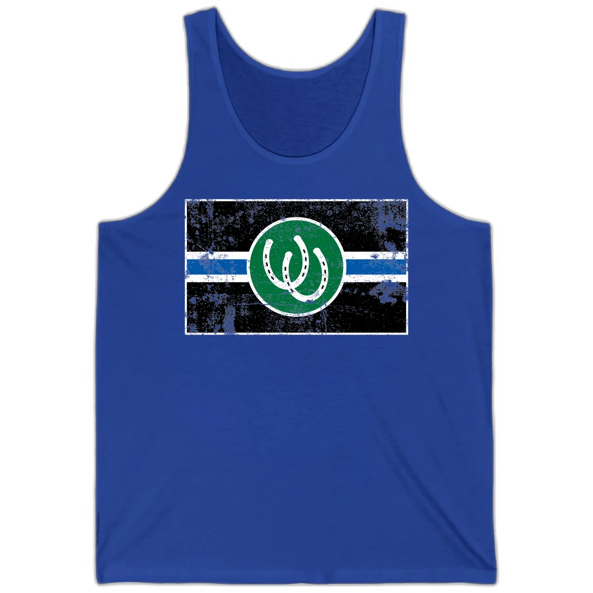 Lucky horseshoe stripes badge design with two white horseshoes on green circle and horizontal black, white, blue striped background with distressed texture in True Royal