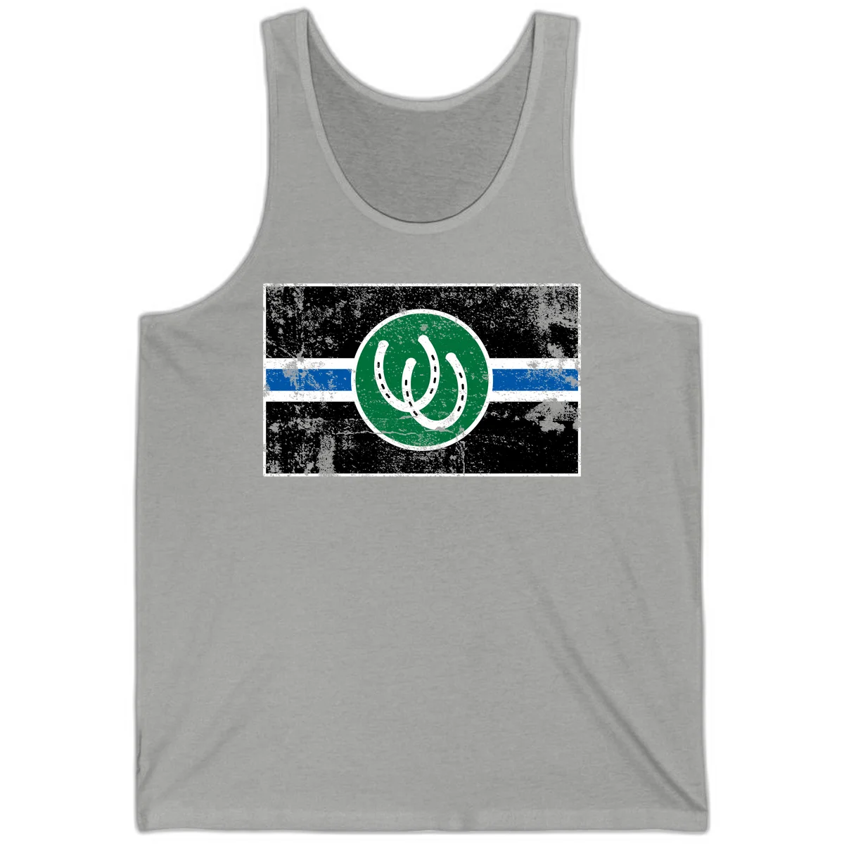 Lucky horseshoe stripes badge design with two white horseshoes on green circle and horizontal black, white, blue striped background with distressed texture in Athletic Heather