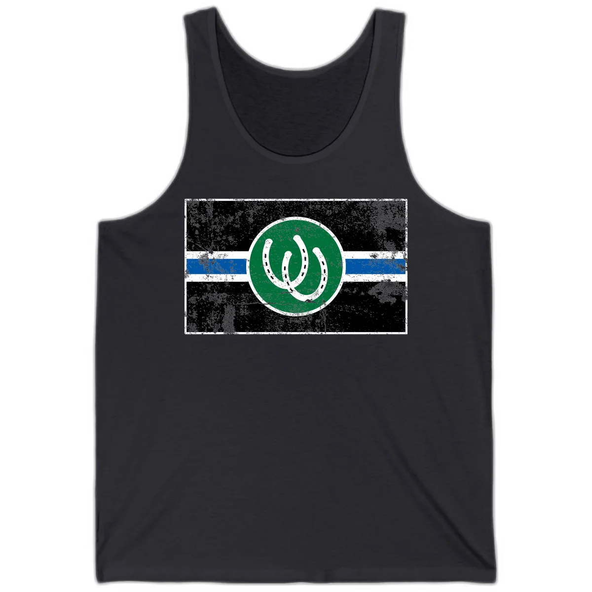 Lucky horseshoe stripes badge design with two white horseshoes on green circle and horizontal black, white, blue striped background with distressed texture in Dark Grey