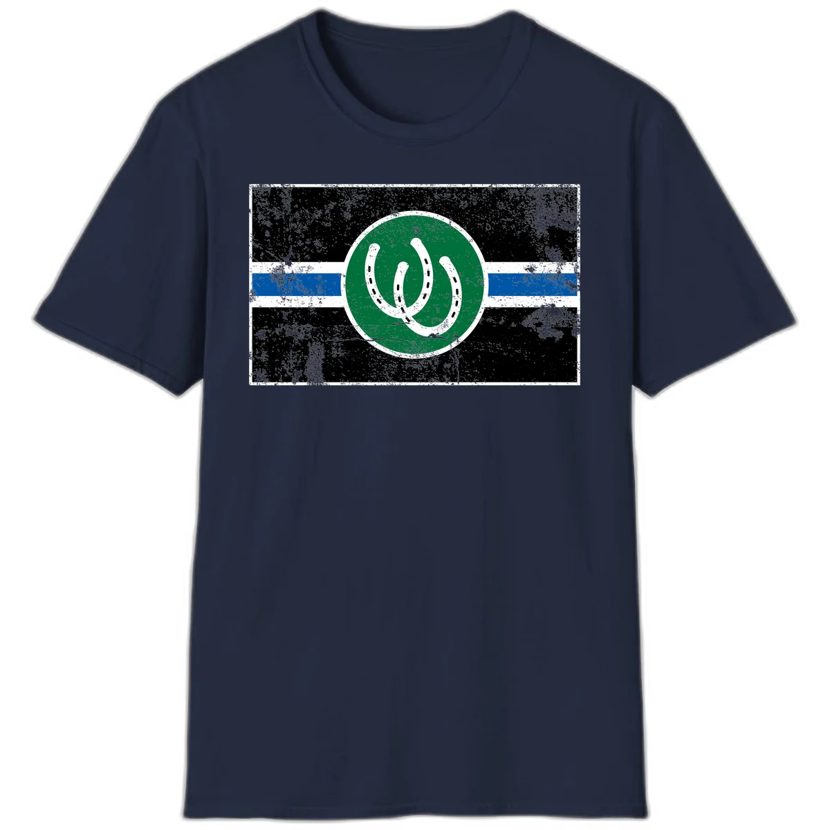 Lucky horseshoe stripes badge design with two white horseshoes on green circle and horizontal black, white, blue striped background with distressed texture in Navy