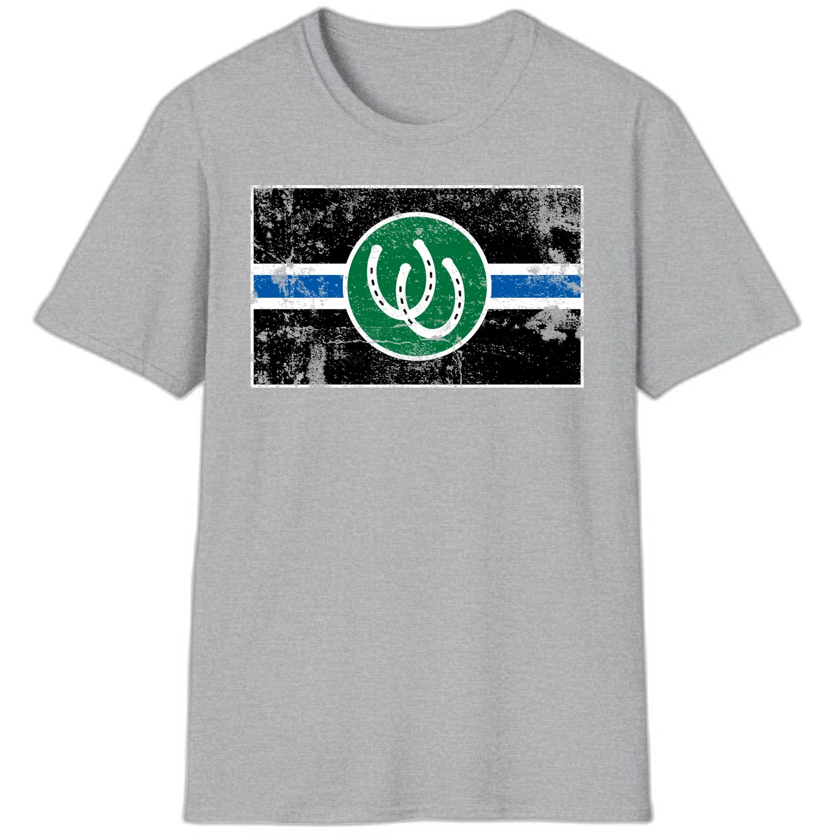 Lucky horseshoe stripes badge design with two white horseshoes on green circle and horizontal black, white, blue striped background with distressed texture in Sport Grey