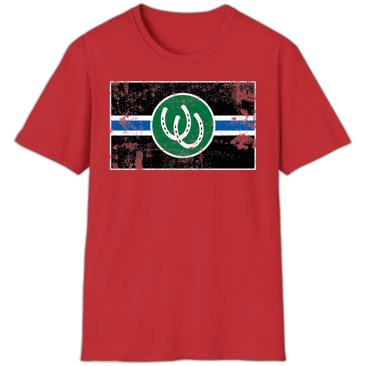 Lucky horseshoe stripes badge design with two white horseshoes on green circle and horizontal black, white, blue striped background with distressed texture in Red