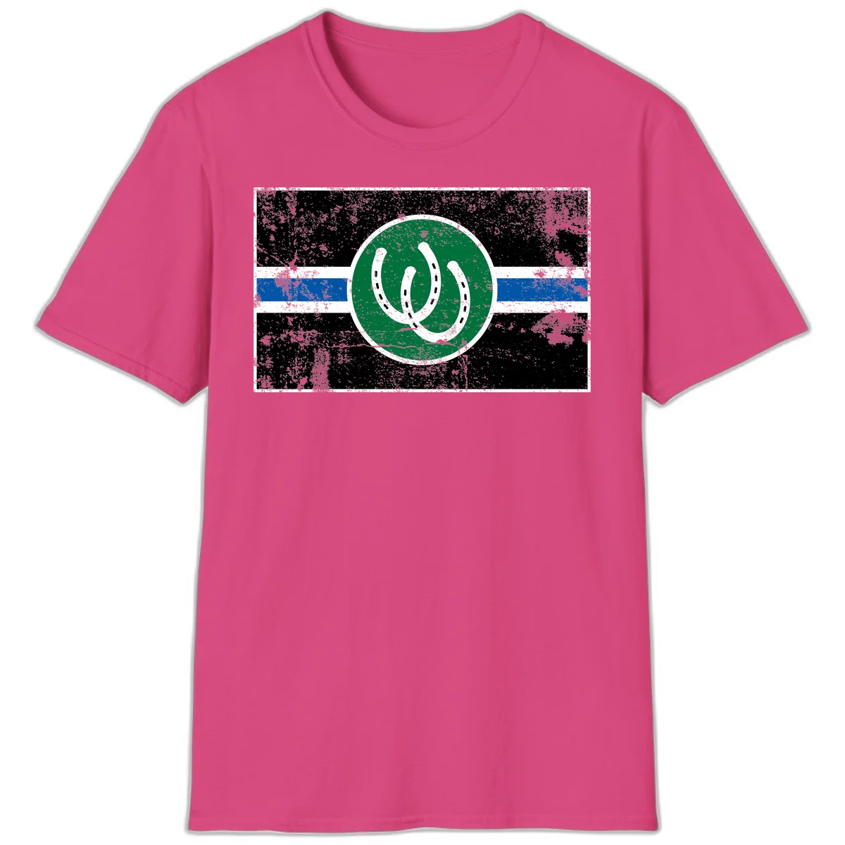 Lucky horseshoe stripes badge design with two white horseshoes on green circle and horizontal black, white, blue striped background with distressed texture in Heliconia