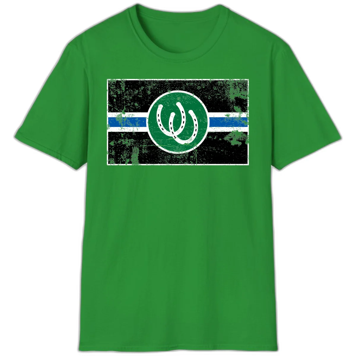 Lucky horseshoe stripes badge design with two white horseshoes on green circle and horizontal black, white, blue striped background with distressed texture in Irish Green