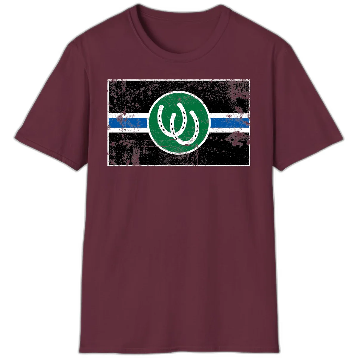 Lucky horseshoe stripes badge design with two white horseshoes on green circle and horizontal black, white, blue striped background with distressed texture in Maroon