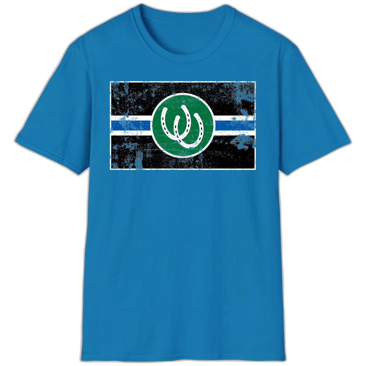 Lucky horseshoe stripes badge design with two white horseshoes on green circle and horizontal black, white, blue striped background with distressed texture in Sapphire