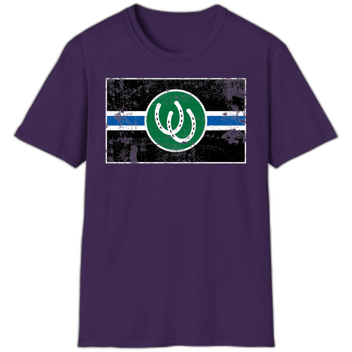 Lucky horseshoe stripes badge design with two white horseshoes on green circle and horizontal black, white, blue striped background with distressed texture in Purple