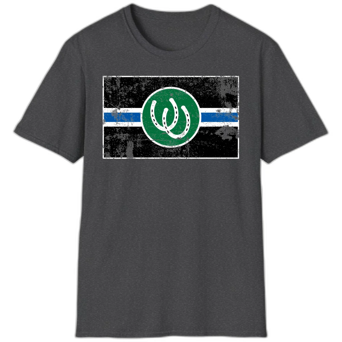 Lucky horseshoe stripes badge design with two white horseshoes on green circle and horizontal black, white, blue striped background with distressed texture in Dark Heather