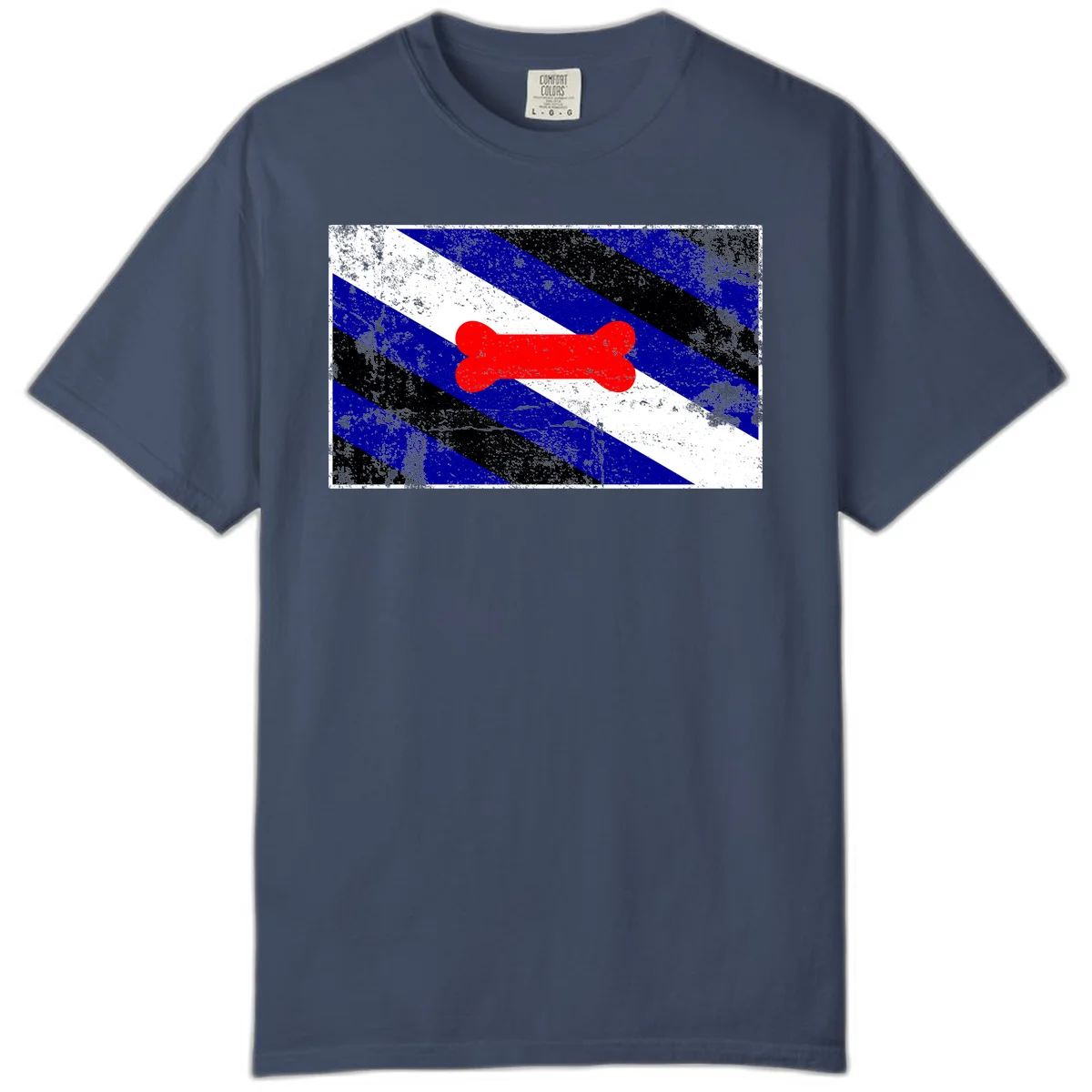 Red bone shape on distressed blue, white, and black diagonal striped background with pride flag colors in Midnight