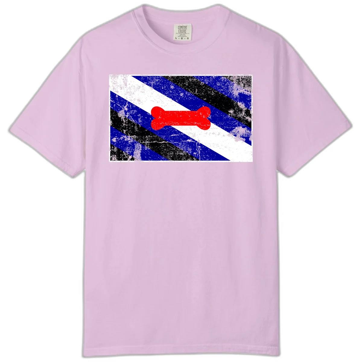 Red bone shape on distressed blue, white, and black diagonal striped background with pride flag colors in Orchid