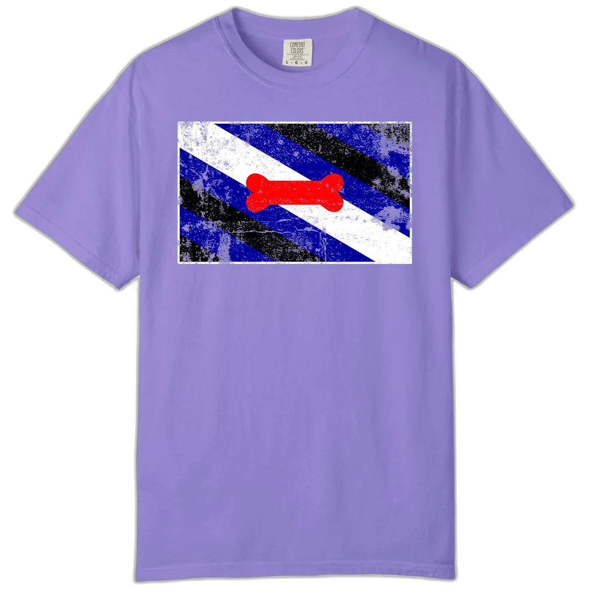 Red bone shape on distressed blue, white, and black diagonal striped background with pride flag colors in Violet