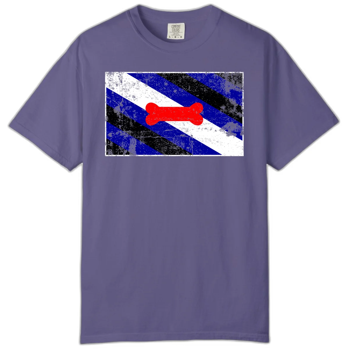 Red bone shape on distressed blue, white, and black diagonal striped background with pride flag colors in Grape