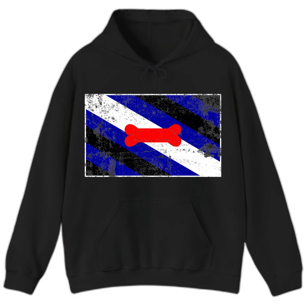 Red bone shape on distressed blue, white, and black diagonal striped background with pride flag colors in Black
