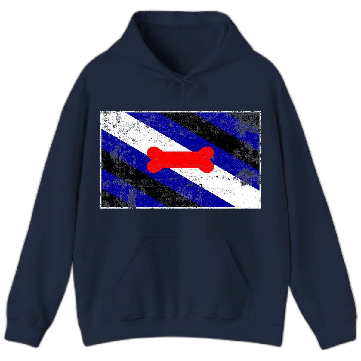 Red bone shape on distressed blue, white, and black diagonal striped background with pride flag colors in Navy