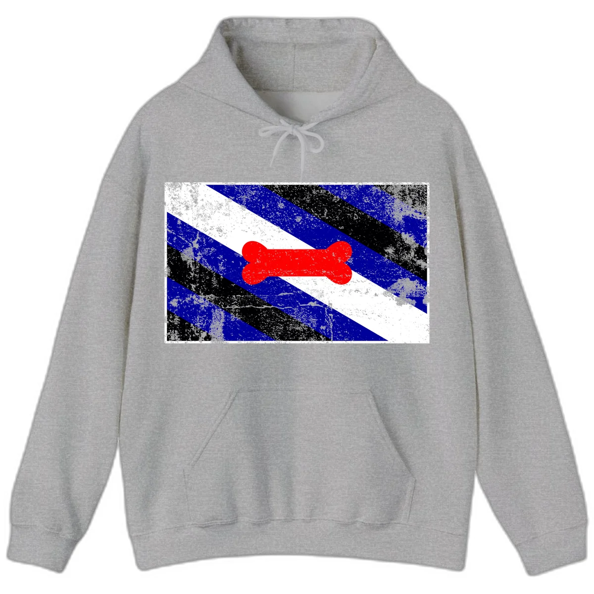 Red bone shape on distressed blue, white, and black diagonal striped background with pride flag colors in Sport Grey
